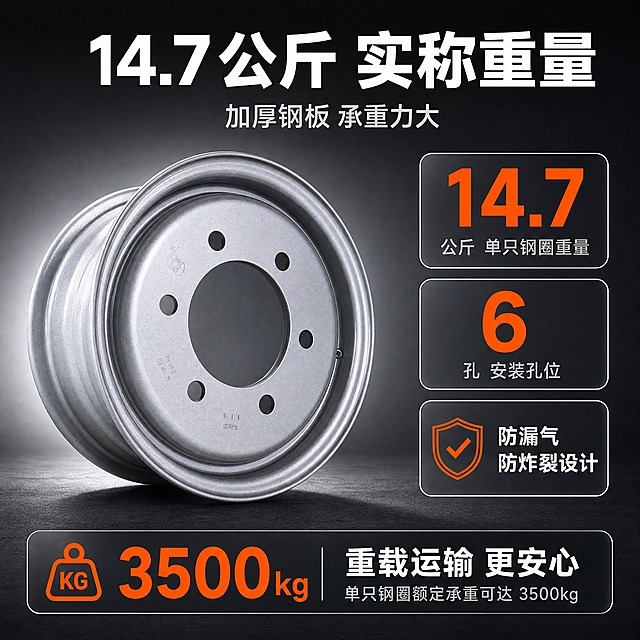 [主图-5] 15寸6孔加厚满焊钢圈，承重与数据证明图，唯一任务=用数据讲清单只重量与孔数。
[统一基调] 工业硬核金属质感、淘宝专业品质感；背景主色=石墨灰渐变 #33393F 到 #1A1E22，主体后方加冷白金属光晕；纯白底极简陈列仅用于主图1；标题字=粗黑体无衬线，白底用近黑 #1A1A1A、深底用纯白 #FFFFFF；辅助字=浅灰 #C7CDD3；强调色=亮橙 #FF6A00，仅用于卖点胶囊、图标、引线与数据数字；卡片=半透明深灰圆角信息卡配细冷白描边；光源方向统一为左上硬光，勾亮金属边缘并保留底部接触阴影。
[画面] 左侧为钢圈斜侧立体大图，占画面 52%，斜向摆放，结构与孔位与输入图一致；右侧竖排三张半透明深灰圆角数据卡并配细冷白描边：第一张大号亮橙数字「14.7」加小字「公斤 单只钢圈重量」，第二张大号亮橙数字「6」加小字「孔 安装孔位」，第三张写「防漏气 防炸裂设计」并配盾形细线图标；底部一条半透明深灰承重结论条；顶部留标题区。
[光影质感] 左上硬光勾亮钢圈外缘，喷涂面保留细粒径，底部有接触阴影。
[配色] 石墨灰渐变底 + 纯白标题 + 亮橙数字与图标。
[文字版式] 主标题「14.7公斤 实称重量」；副标题「加厚钢板 承重力大」；三张卡文案如上；底部结论条「重载运输 更安心」；全部横排，数字清晰不粘连。
[输出要求] 1:1 方形 2048×2048，2K；产品结构与输入图完全一致，数字清晰；负向：变形、错字、模糊、杂乱、水印、平台 Logo、二维码、虚构检测报告或认证、悬浮。
