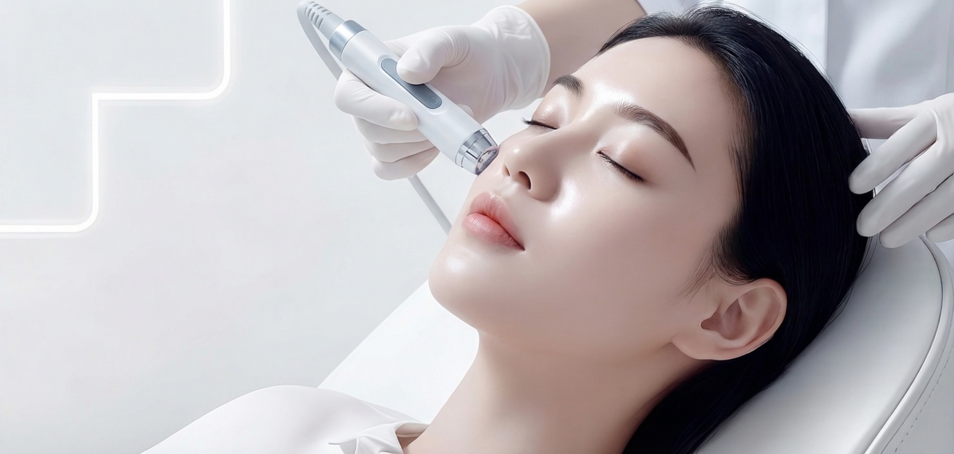 生成同风格图片，医美场景，亚洲女性躺着接受美容护理，简约干净白色背景，闭着眼睛，精致干净的皮肤，简约干净的光影氛围预览效果