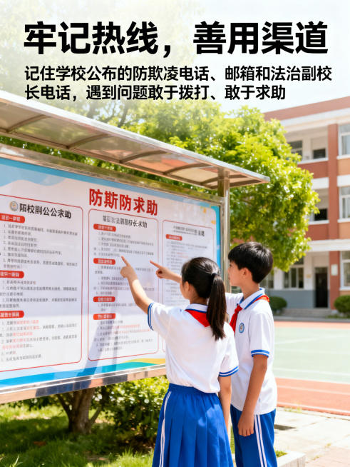 校园防欺凌宣传海报，明亮温暖风格，顶端标题为“牢记热线，善用渠道”，下方配文“记住学校公布的防欺凌电话、邮箱和法治副校长电话，遇到问题敢于拨打、敢于求助”，文字字体统一为清晰易读的黑体，大小协调不遮挡预览效果