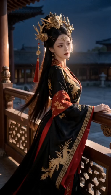 古风宫廷夜景，黑红金绣华服贵妃，4镜头硬切转场，镜头1：逆光侧身，发丝轻扬，眼神朦胧妩媚；镜头2：轻咬下唇浅笑，含蓄撩人；镜头3：单手轻搭腰侧，身姿微侧，线条优美；镜头4：回眸抬眼，气质魅惑，高级氛围预览效果