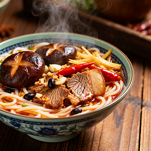 一碗热气腾腾的南宁老友粉，酸辣鲜香的米粉配有豆豉、蒜末、辣椒、酸笋、肉片、豆豉，盛放在青花瓷碗中，摆放在木质餐桌上，特写美食摄影，暖光色调，高清细节丰富