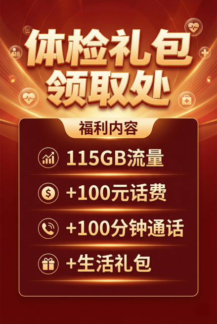 重新设计体检礼包领取宣传海报，要求具有更强设计感，突出显示文案"体检礼包领取处"，下方包含福利内容"115GB流量+100元话费+100分钟通话+生活礼包"，竖版展示，视觉层次清晰，版式精致美观预览效果