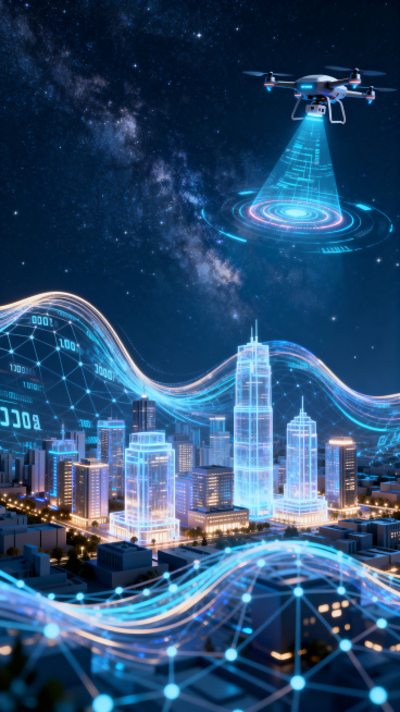 科技海报，背景是璀璨辉煌的星空，右上角是无人机全息投影的数字光影，前景是代表数据和能量流的网络状波浪流线，流线与数字融合连接，光影使用十分惊人，用明亮的亮点和深阴影营造3D效果，高度程式化的未来城市景预览效果