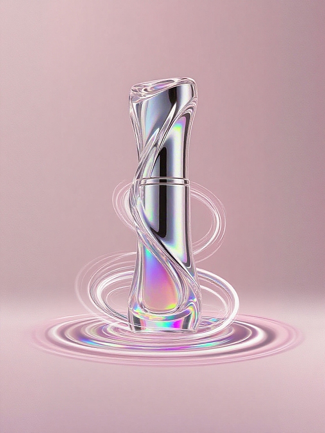 呈现镭射效果且具科技感，表面有旋转环绕流体在下方旋转环绕，浅粉色背景