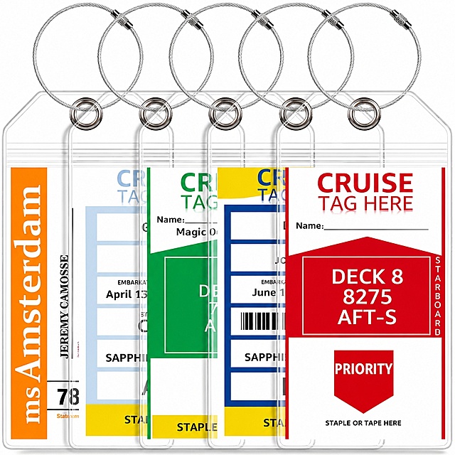 [主图-1] Pure white background product main image of vertical cruise luggage tag.
[氛围风格] Clean, professional, objective Amazon cross-border e-commerce style.
[画质] Commercial photography texture, soft and even light, clear product details, super high definition, clean and advanced picture.
[elements] Five vertical transparent PVC cruise luggage tags with colorful printable templates and stainless steel wire loops are placed in the center of the pure white background. The product size is 19x9cm, and the product accounts for about 85% of the picture. Keep the appearance, physical structure, material texture and color of the product absolutely consistent with the input product picture, eliminate any deformation and color difference, and process it delicately. No trademarks or Chinese characters are allowed. The background is pure white #FFFFFF.
[Light and shadow] Soft even studio lighting, no extra shadows, the transparency of the PVC material is highlighted, the outline of the product is clear, the light is soft, and there is no high light overflow.
[color matching] Main color pure white background, secondary color product multi-color template, silver metal ring.
[Perspective composition] Head-up, centered composition, the product is complete and not cut.
[Text layout] No additional marketing text is allowed, only the text that comes with the product is retained, which is clear and readable, and does not block the product subject.
[Proportional resolution] 1:1 ratio, 2048x2048 4k resolution, text clear and recognizable, super high definition.
[negative prompt] Deformed, confused text, blurred product picture, messy background, watermark, Chinese characters, trademark, e-commerce platform logo, black background.