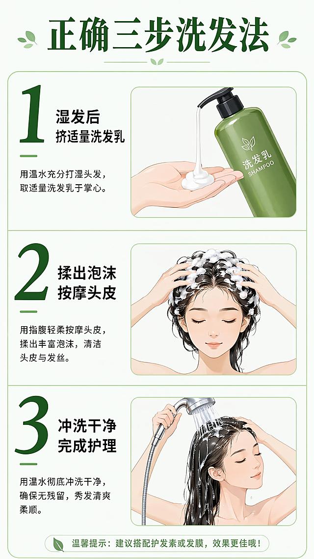 [第7屏] 使用步骤演示，正确洗发护理方法。
[氛围/风格] 步骤清晰，分步演示，简单易学。
[元素布局] 分三步纵向排列：1.湿发后挤适量洗发乳；2.揉出泡沫按摩头皮；3.冲洗干净完成护理。每步配示意图和简短文字说明，画面清爽有序。
[光影质感] 均匀布光，每个步骤区域光照一致，清晰干净。
[配色色系] 全局底色 #F5F8F5，主色浅绿色线条分隔，深绿色步骤数字，黑色说明文字。
[视角构图] 从上到下三步排列，每步占比均匀，阅读动线清晰。
[文字版式] 顶部主标题「正确三步洗发法」，每步标题+短句说明，步骤数字放大突出，文字清晰不拥挤。
[比例分辨率] 9:16 竖版比例，4K分辨率，文字清晰可辨，高清画质。
[负向提示词] 步骤混乱，文字过小，示意图模糊，水印，文字错乱。