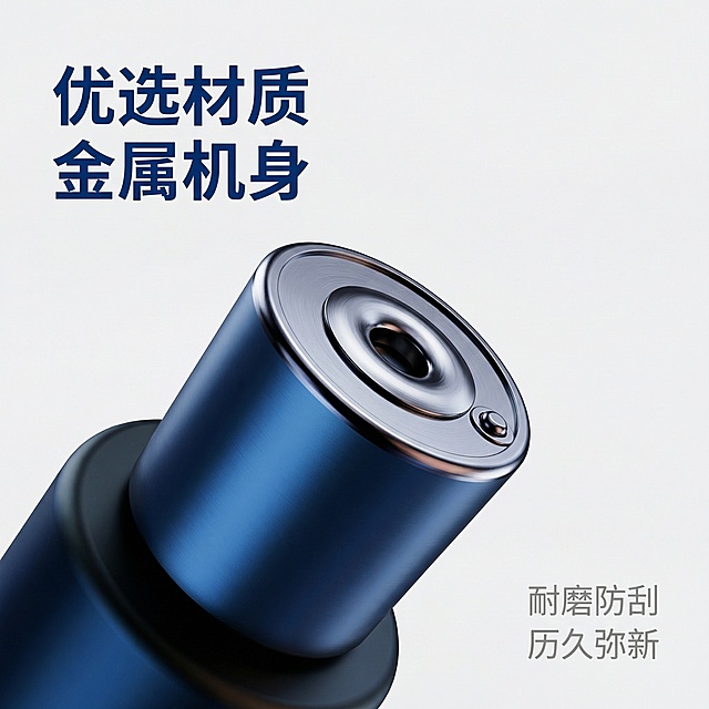 [主图 3] 车载香薰材质细节展示
[氛围/风格] 高档质感，干净通透，微距特写。
[画面元素] 保持原产品外观，放大展示深蓝色车载香薰顶部出香口和金属质感区域，背景为纯净浅灰色，突出产品金属磨砂材质细节，光影细腻凸显质感。
[配色色系] 主色调：深蓝色产品、浅灰背景；辅助色：银色金属光泽。
[视角构图] 微距特写平视，聚焦产品顶部核心结构，景深较浅突出细节。
[文字版式] 左上角主标题“优选材质 金属机身”深蓝色加粗；右下角小字“耐磨防刮 历久弥新”浅灰色；文字避开主体细节，不遮挡特写区域。
[比例分辨率] 1:1 比例，2k 分辨率。文件大小控制在3mb以内