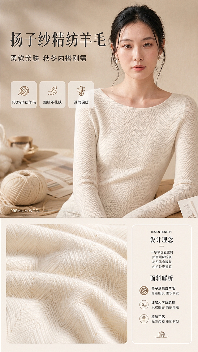 [商品] 使用【图2】米白款一字领人字纹针织打底衫；商品处理：保留一字领、长袖、人字纹肌理、修身版型、米白色和精纺羊毛面料；自然去皱，理顺垂坠，增强织纹细腻度和羊毛光泽感，不改变版型结构。
[画面] 目标：设计理念与面料解析，突出扬子纱精纺羊毛的柔软亲肤。构图：上半部分模特半身特写展示领口与面料，下半部分面料微距+设计关键词卡片，产品占画面55%。景别：上半身+面料细节。场景：暖米色桌面，散落羊毛线团、色卡、面料小样，营造手工质感氛围。
[视觉] 套系策略：风格=高级简约通勤商业摄影，杂志画报质感；标题字=现代纤细宋体，字重中等；正文字=简洁无衬线体；主色=米杏暖调；背景延展=基于米杏色做深浅渐变、同色系层次和细腻墙面/桌面肌理；强调色=奶茶棕，仅用于小面积图标、引线和标签；标题色=深炭灰；正文色=中暖灰；组件=细线引线、圆角浅底信息卡、轻量英文装饰；光影=左前侧暖柔光，柔和阴影。
[文字] 顶部主标题"扬子纱精纺羊毛"，副标题"柔软亲肤 秋冬内搭刚需"，下方3个面料卖点卡片横排：「100%精纺羊毛」「细腻不扎肤」「透气保暖」。底部小号英文"PREMIUM WOOL"。文字均为横排。
[规格] 图片比例9:16竖版，4K，负向提示：避免变形、错字、文字过小、冷蓝背景、面料质感失真、极限词。