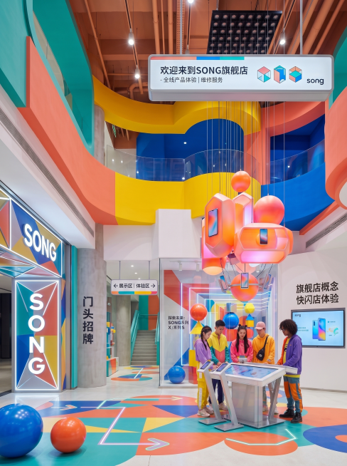 基于参考图为song手机公司生成环境导视系统VI应用页，展示门头招牌、店内导视牌、橱窗标识、指示系统统一品牌视觉，延续参考图高饱和撞色几何风格，平衡玩具活力与高端科技精致感，未来感趣味设计感强，3:4预览效果