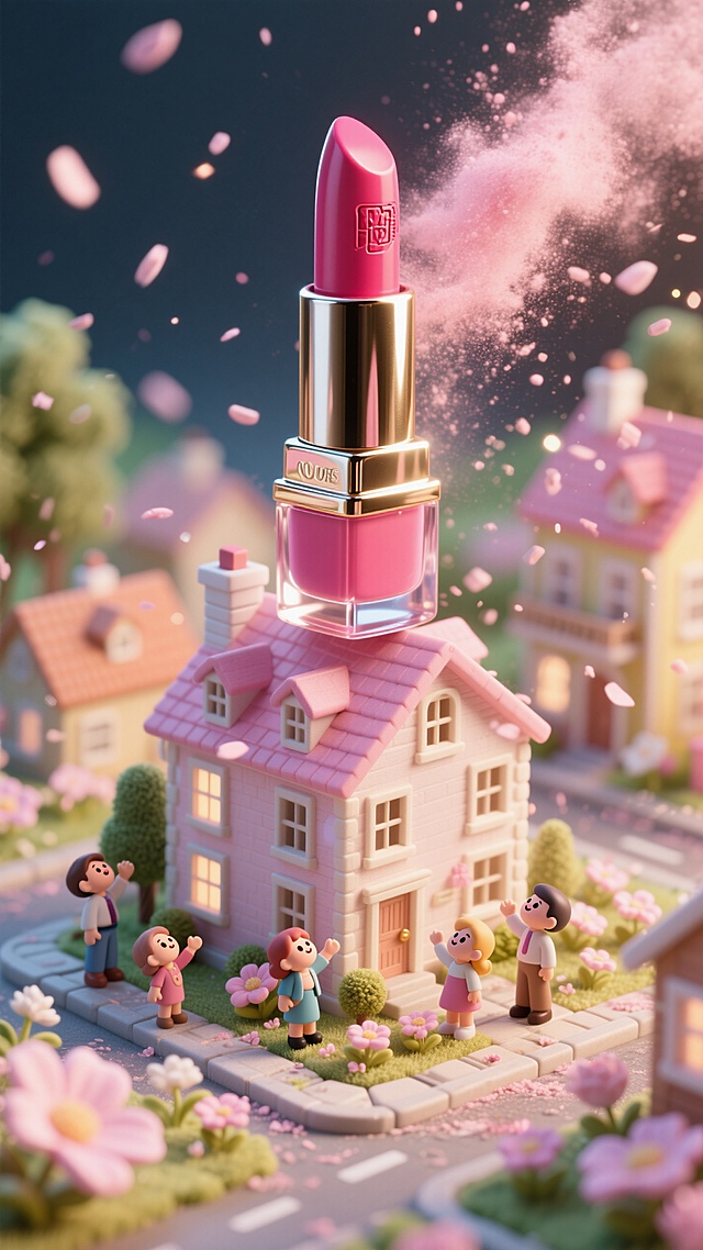 一个巨大的口红在一个小镇的房子上，小镇上有很多迷你的花，漫天飞舞的粉末，时尚的迷你小人们看着口红