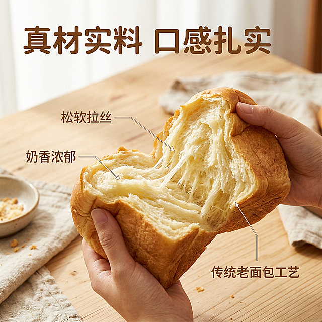 [主图2]盼盼老式面包核心卖点展示，以掰开的面包为主体，展示内部松软拉丝的组织纹理，背景用浅原木色简约桌面，搭配阳光暖调光影。使用纤细引线分别标注 "松软拉丝" "奶香浓郁" "传统老面包工艺"，主标题 "真材实料 口感扎实" 使用暖棕色粗体无衬线字体悬浮在画面左上角，文字不遮挡面包主体。保持和第一张主图一致的暖调风格，突出产品品质。