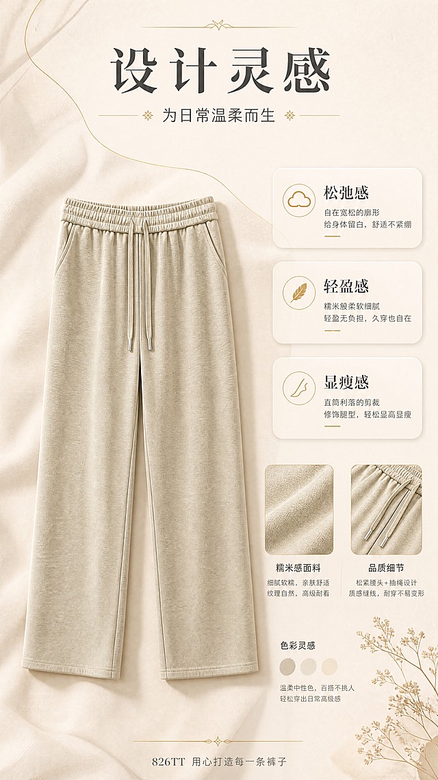 [商品] 使用【图2】浅卡其色直筒糯米裤；商品处理：保留松紧腰头、抽绳、直筒廓形、侧口袋、裤脚版型、浅卡其色面料纹理；自然去除挂拍褶皱与压痕，理顺垂坠，增强面料糯米感纹理和缝线质感，不改变版型和结构。
[画面] 目标：设计理念页，诠释温柔松弛感设计灵感。构图：中间偏左放置裤子平铺造型，右侧和上方分布设计元素。主体占画面50%，前景色卡/面料小样、中景裤子平铺、后景浅米色肌理背景+金色细线装饰。阅读动线从顶部标题到中间关键词再到裤子细节。
[视觉] 套系策略：风格=高级温柔感商业时装摄影；标题字=优雅衬线粗体；正文字=简洁无衬线体；主色=浅米色；背景延展=基于浅米色做深浅层级、同色渐变和细腻织物/纸张质感；强调色=金色，仅用于小面积图标、引线、标签和装饰线条；标题色=深炭灰；正文色=中暖灰；组件=圆角浅底信息卡、细线引线、金色装饰条；光影=左前侧暖柔光，柔和阴影。
[文字] 顶部主标题「设计灵感」，副标题「为日常温柔而生」。中部3个风格关键词卡片：「松弛感」「轻盈感」「显瘦感」，每个关键词配一行短句说明。底部小号文案：826TT 用心打造每一条裤子。文字横排，不遮挡裤子主体。
[规格] 图片比例9:16竖版，4K分辨率，淘宝/天猫详情页适配，中文文案。避免变形、错字、文字过小、冷蓝/蓝灰背景、裤子颜色改变、版型失真、极限词。