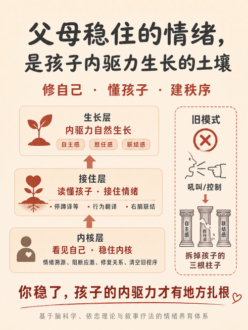 做以下修改：1. 在旧模式对比框的三根柱子上分别标注文字「自主感」「胜任感」「联结感」，并将中间那根柱子改为断裂样式；2. 将接住层双手捧的心形图形替换为一颗扎根在土壤里的心；3. 更换大标题「父母稳预览效果