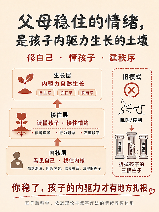 做以下修改：1. 在旧模式对比框的三根柱子上分别标注文字「自主感」「胜任感」「联结感」，并将中间那根柱子改为断裂样式；2. 将接住层双手捧的心形图形替换为一颗扎根在土壤里的心；3. 更换大标题「父母稳住的情绪，是孩子内驱力生长的土壤」的字体风格，调整得更温暖柔和，减少严肃感。保持整体排版和配色不变