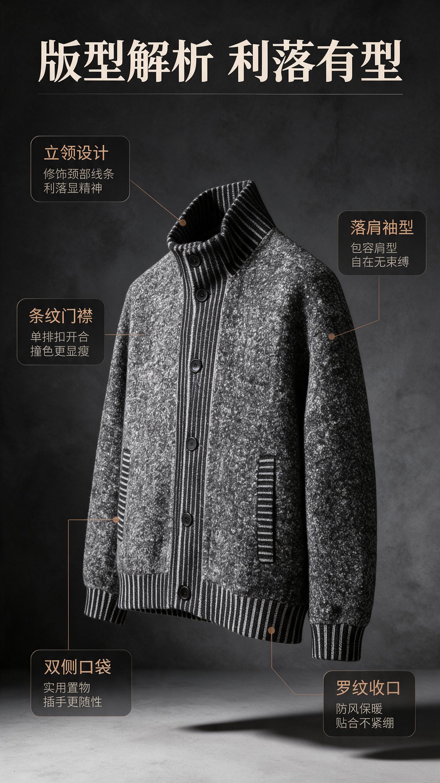 [商品] 使用【图1】杂灰色立领针织开衫夹克；商品处理：保留立… - 图片创意预览