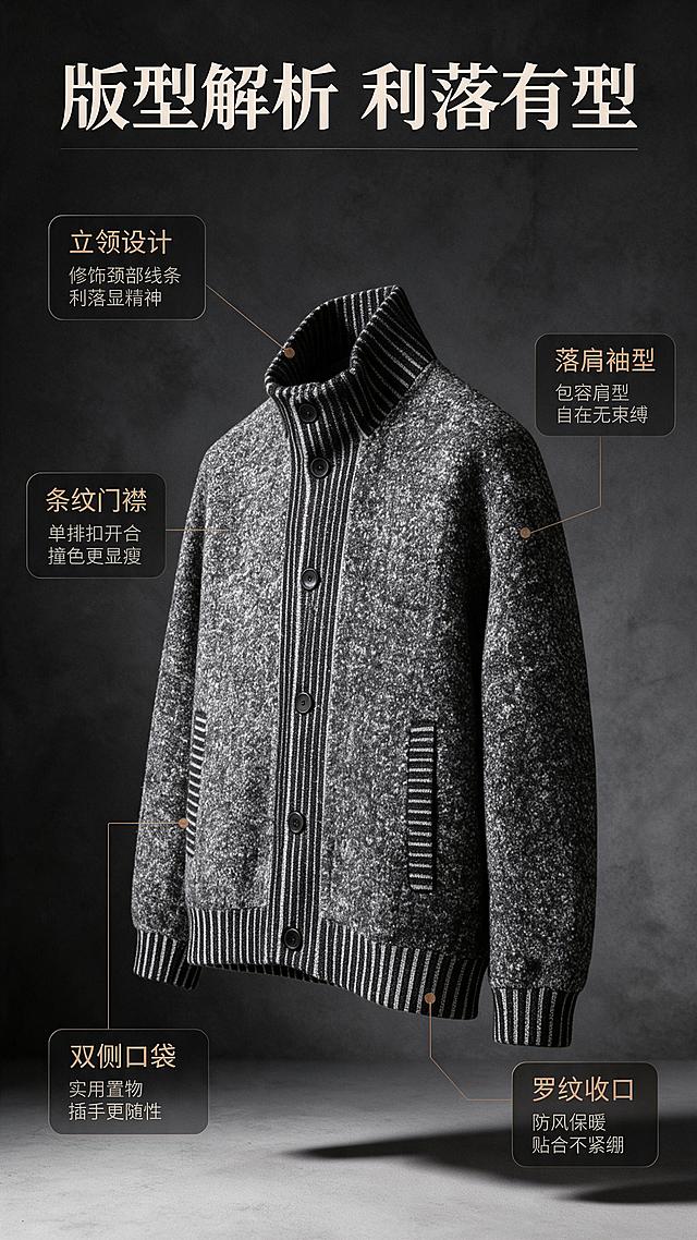 [商品] 使用【图1】杂灰色立领针织开衫夹克；商品处理：保留立领、单排黑纽扣、竖条纹撞色门襟、杂花针织面料、双侧口袋、落肩袖、罗纹下摆袖口、整体版型和颜色；自然去皱理顺，增强针织肌理和纽扣质感，不改变版型结构。
[画面] 目标：版型解析页，标注核心结构与穿搭利益。构图：居中主体+四周引线标注，服装正面微侧展示，占画面55%。主体：夹克整体正面，角度微侧30度，完整展示立领、门襟、口袋、下摆、袖口。场景：深灰渐变背景，底部浅灰台面承托，投下柔和阴影。引线从5个关键部位引出：立领、门襟、口袋、落肩、罗纹下摆。
[视觉] 套系策略：风格=高级轻熟男装商业摄影风，杂志感排版；标题字=现代无衬线粗体，字重加粗；正文字=简洁无衬线体；主色=深炭灰+杂花灰；背景延展=基于深灰做深浅层级渐变、细腻织物/水泥质感；强调色=暖棕金，仅用于小面积图标、引线、标签和局部光效；标题色=米白色；正文色=浅暖灰；组件=细线引线、圆角深色信息卡、细横线装饰；光影=左前侧暖柔光+右侧轮廓光，明暗有层次。
[文字] 顶部主标题：「版型解析 利落有型」；5个引线标注：「立领设计」—— 修饰颈部线条 利落显精神；「条纹门襟」—— 单排扣开合 撞色更显瘦；「双侧口袋」—— 实用置物 插手更随性；「落肩袖型」—— 包容肩型 自在无束缚；「罗纹收口」—— 防风保暖 贴合不紧绷；文字全部横向排版，标注卡分布在服装四周，不遮挡主体关键部位。
[规格] 图片比例9:16竖版，分辨率2K，避免变形、错字、文字过小、颜色改变、版型失真、白底、极限词。
