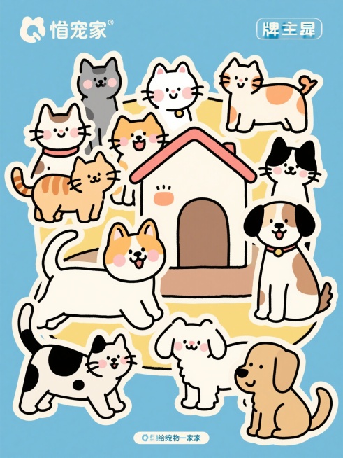 《予宠家》品牌主视觉海报，简约可爱风格，很多只猫狗的简笔插画，品牌定位为给宠物一个家，温馨治愈的氛围预览效果