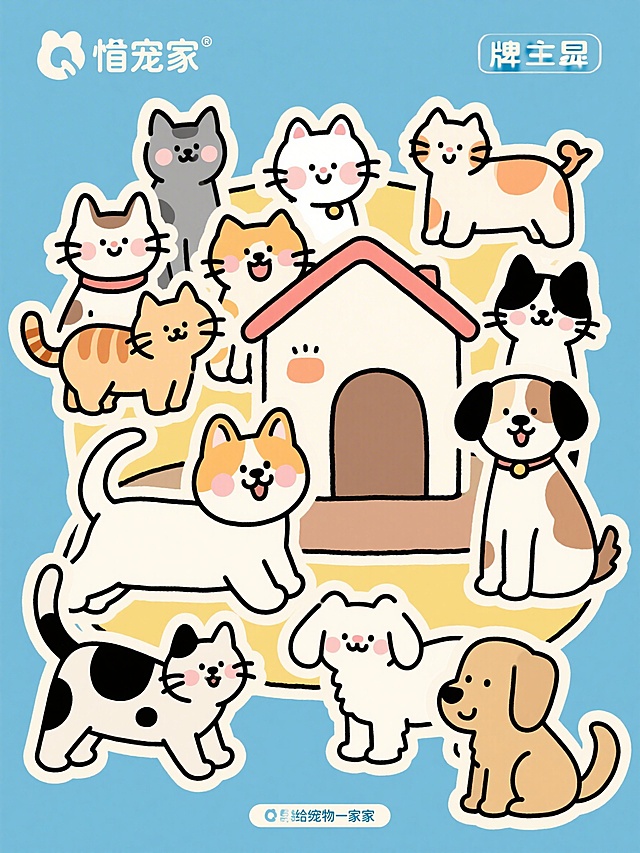 《予宠家》品牌主视觉海报，简约可爱风格，很多只猫狗的简笔插画，品牌定位为给宠物一个家，温馨治愈的氛围