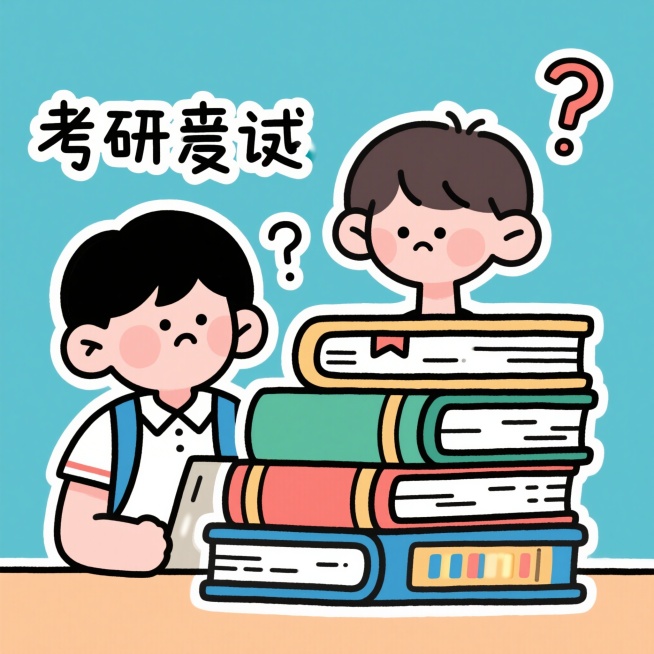 简笔画，表现考研复试信息闭塞的问题，画面里有学生对着一堆书本一脸茫然，旁边有问号，表现不知道考试内容、参考书、导师方向的困惑状态预览效果