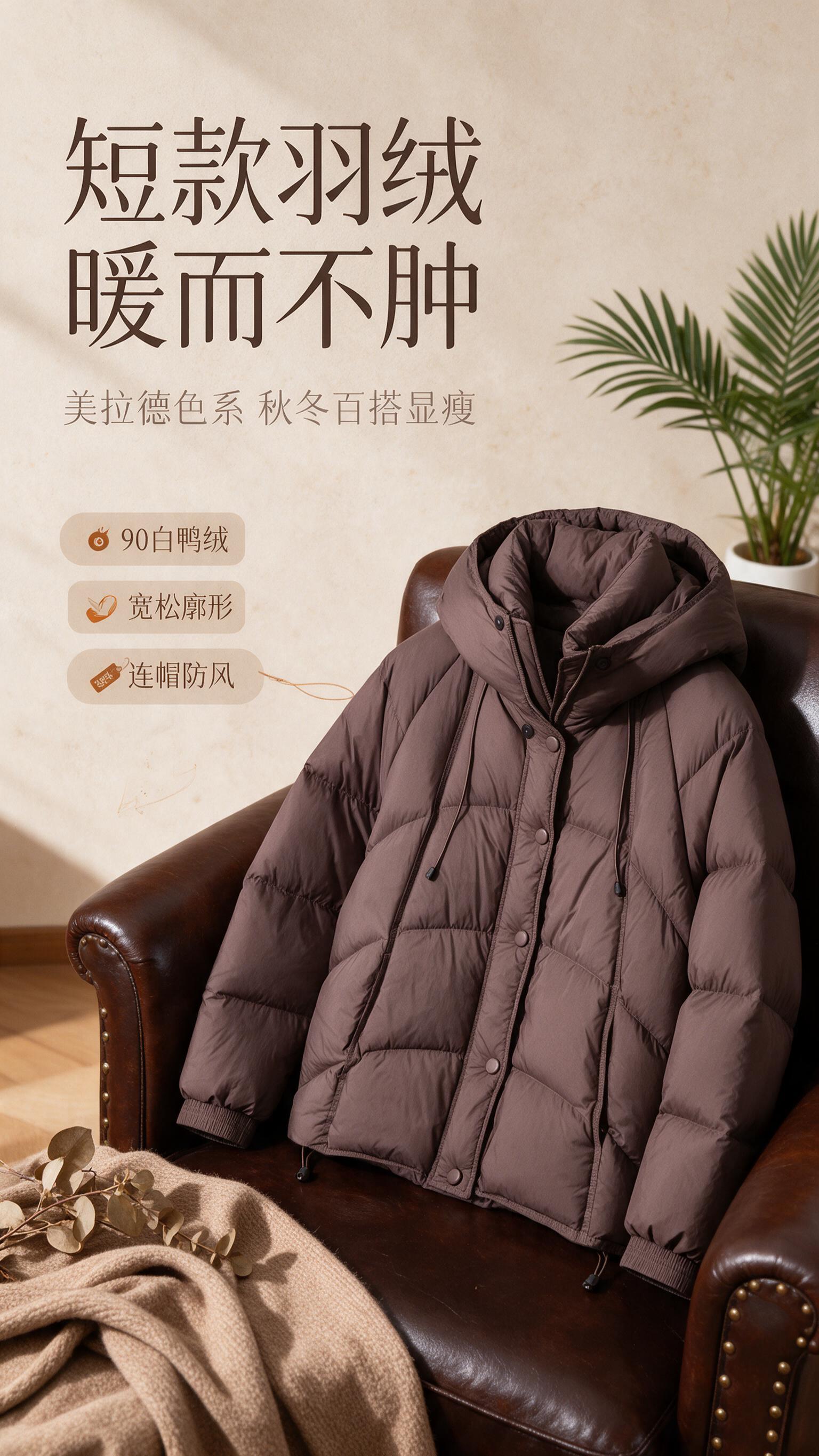 [商品] 使用【图1】美拉德棕短款连帽羽绒服；商品处理：保留连… - 图片创意预览