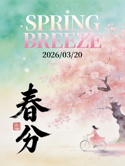 风格：薄荷绿+樱花粉渐变，梦幻朦胧水彩，颗粒感柔光
画面：巨大樱花树繁花满枝，粉裙女子骑车掠过，背景薄荷绿→米白渐变
文字排版：
- 主标题：「春分」粗旷毛笔书法，竖排左侧，带红色印章
- 英文：「S预览效果