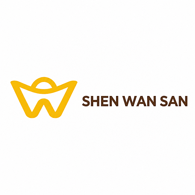 国际快餐符号LOGO，麦当劳M型字母风格，提取沈万三核心字母W做几何化设计。 将W变形为圆润对称的元宝轮廓，保留字母辨识度同时融入财富寓意，单字母独立成标，线条简洁流畅，粗度均匀。 亮金+深棕单色搭配，扁平化矢量，无多余装饰，右侧搭配极简无衬线“SHEN WAN SAN”，识别度极强，适合门店门头、外卖头像、产品符号化标识。背景干净