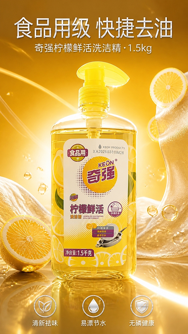 第1张 详情页头图，奇强柠檬洗洁精，高端金黄轻奢风。使用图1作为商品主体。
抖音快手竖版，高端轻奢，金黄渐变，品质感。
洗洁精瓶立于画面中央占50%，外观与输入图一致，logo和柠檬鲜活字样清晰完整。背景深金黄到浅黄渐变，金色光效线条和光斑。底部金色倒影。两侧柠檬片和柔纱漂浮带银色边缘光。
侧逆光+银色轮廓光，产品立体，高端商业摄影质感。
背景深金黄#DAA520渐变到浅黄，主色产品黄橙，辅助色银色光效，点缀色柠檬片。
顶部大标题「食品用级 快捷去油」白色细黑体；副标题「奇强柠檬鲜活洗洁精·1.5kg」白色；底部三个银色图标+文案「清新祛味」「易漂节水」「无磷健康」。高端大气。
9:16竖版，4K高清。
负向：变形，错字，模糊，杂乱，水印，价格，logo变形。