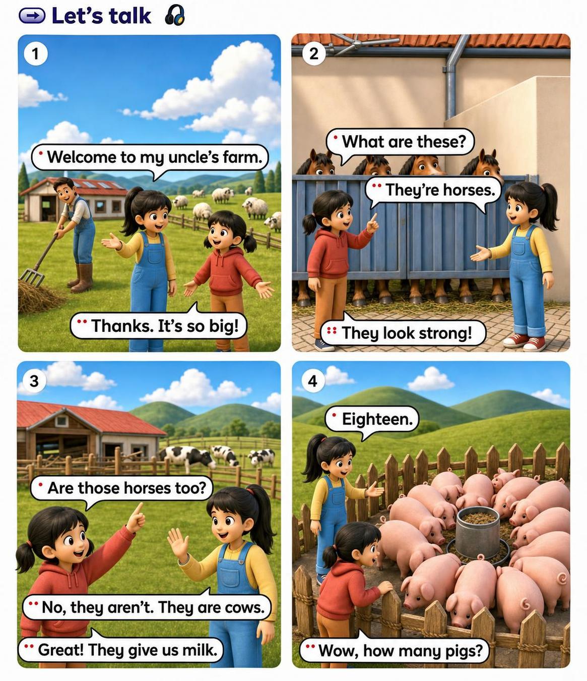 将这张四格英语漫画重绘为皮克斯卡通风格，保持原图的四格布局比例… - 图片创意预览