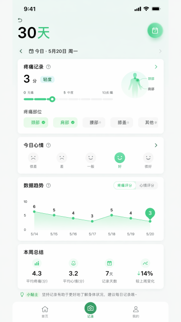 细化生成第一行第四张30天数据页医疗器械APP界面，参考整体浅绿色清新医疗风格，生成清晰高保真手机界面，包含疼痛记录、今日心情、数据图表等完整细节预览效果