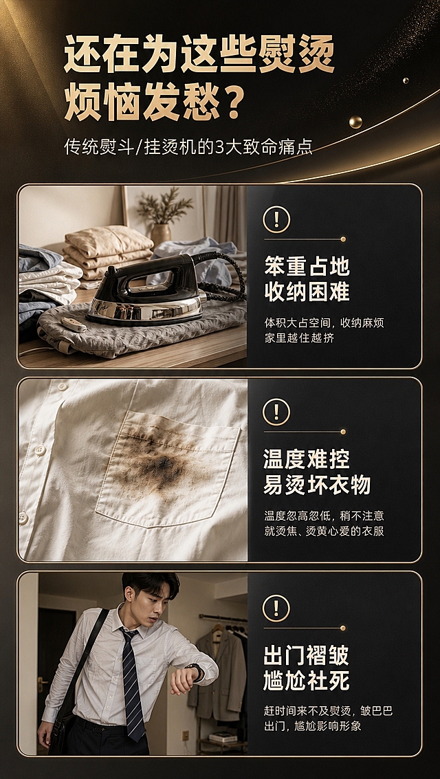 [商品] 本页为痛点直击页，无需使用产品图。
[画面] 页面目标：激发用户对传统熨烫痛点的共鸣。构图骨架：上下结构，顶部大标题，中部3个痛点场景卡片纵向排列，每个卡片配真实困扰场景小图+痛点描述。景别：场景中景。前中后景：前景浅灰卡片，中景场景图，背景浅米色家居质感底。阅读动线：顶部标题→3个痛点卡片依次向下。
[视觉] 套系策略：风格=轻奢黑金科技商业摄影；标题字=现代无衬线粗黑体；正文字=简洁无衬线中黑体；主色=曜石黑；背景延展=基于曜石黑做深浅渐变、暗金纹理和细腻金属磨砂质感；强调色=香槟金，仅用于小面积图标、引线、标签和局部轮廓光；标题色=香槟金；正文色=浅米白；组件=圆角黑金信息卡、细金线引线、金色圆点装饰；光影=左前侧暖金柔光，产品边缘有金色轮廓光，暗部保留细节。
[文字] 顶部主标题「还在为这些熨烫烦恼发愁？」，副标题「传统熨斗/挂烫机的3大致命痛点」。3个痛点卡片：1.「笨重占地 收纳困难」配传统大熨斗占满桌面场景；2.「温度难控 易烫坏衣物」配衣服被烫出焦痕特写；3.「出门褶皱 尴尬社死」配上班族着急出门衣服皱巴巴场景。每个痛点配金色感叹号图标。文字均为横排。
[规格] 淘宝/天猫详情页，单屏比例9:16竖版，分辨率4K，负向提示：避免出现产品图、错字、文字过小、冷蓝背景、竖排文字、斜排文字、低俗画面。
