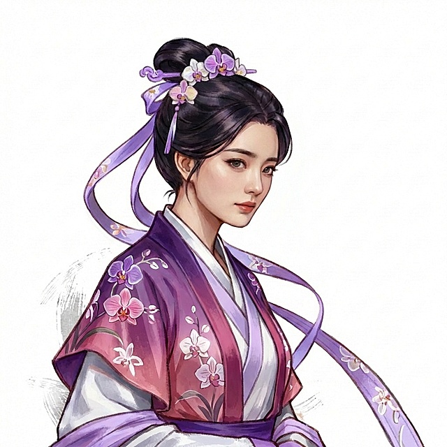 衣服上变成兰花的元素，衣服和发饰颜色变成兰花的颜色，人物的五官和神情贴近女明星徐璐