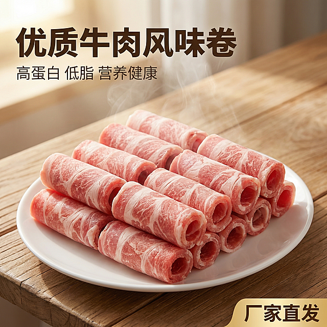 [主图 1] 优质牛肉风味卷产品首图
[氛围/风格] 生鲜美食风格，自然暖光，强食欲感，新鲜诱人。
[画面元素] 保持原产品牛肉卷形态不变，整齐摆放在白盘上，放置在干净简洁的木质餐桌背景上，柔和自然暖阳逆光从侧后方打来，凸显肉卷新鲜纹理和粉嫩色泽，产品完整居中展示，无边框大图满铺构图。
[配色色系] 主色调：牛肉粉嫩红色；辅助色：原木暖棕色、白色瓷盘白。
[视角构图] 正前方平视拍摄，景深适中，主体突出。
[文字版式] 左上角主标题 "优质牛肉风味卷" 粗体深棕色大字，副标题 "高蛋白 低脂 营养健康" 浅棕色小字；右下角金色标签 "厂家直发"；文字不遮挡主体，保持清晰易读。
[比例分辨率] 1:1比例，2k分辨率，保持产品外观与原图完全一致，仅更换背景和添加文案。