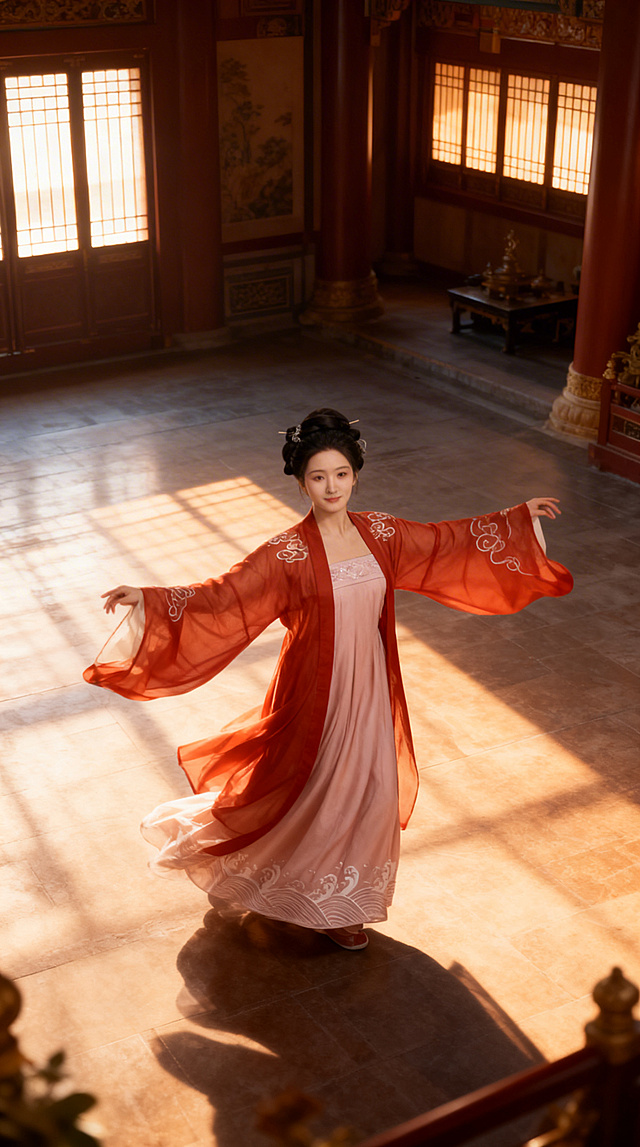 古典中式美学，光影交错间展现工笔风细腻与刺绣风雅致，红衣女子翩然起舞，唯美感与优雅感交融，实景拍摄呈现油画般质感。