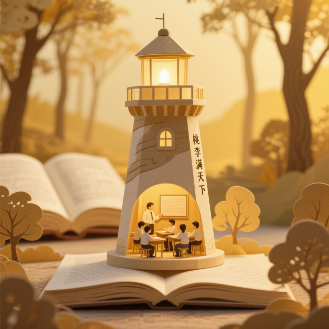 纸雕风格的灯塔，灯塔内部雕刻着细腻的师生场景，老师正在授课，学生们伏案认真听讲，背景是暖黄色调的朦胧树林和一本古朴的翻开书卷，整体以暖金、暖黄为主色调，光影柔和且富有层次感，纸雕的纹理清晰逼真，灯塔顶预览效果