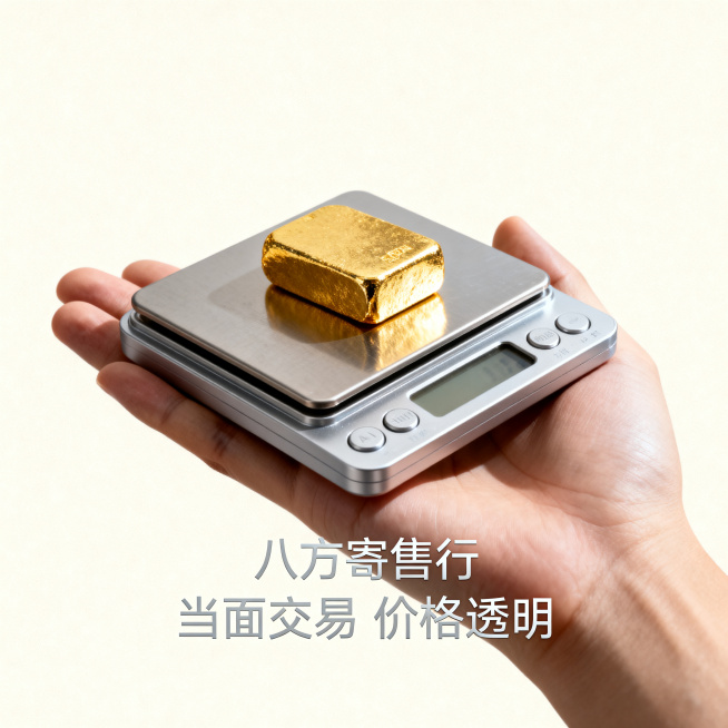 八方寄售行黄金回收宣传照片，1:1正方形，简约现代风，手里称重黄金，文字“八方寄售行 当面交易 价格透明”，真实专业风格预览效果