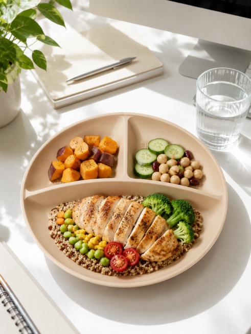 Beige three-grid bamboo fiber divided plate, office lunch scene, the plate is placed on the office d预览效果