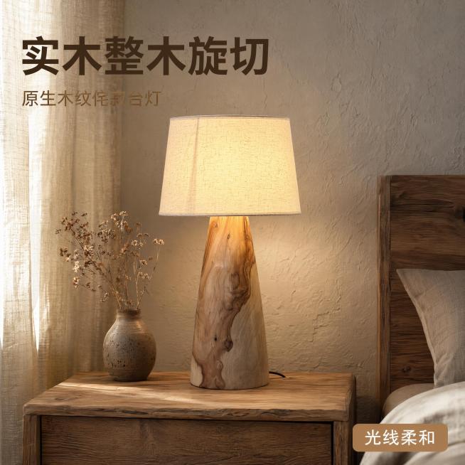 [主图-1] 实木侘寂风台灯空间氛围首图
[氛围风格] 自然侘寂风，温润古朴家居氛围感
[画质] 商业摄影质感，光线柔和通透，产品清晰真实，画面干净高级
[元素] 实木侘寂风台灯居中展示，放置在侘寂风预览效果