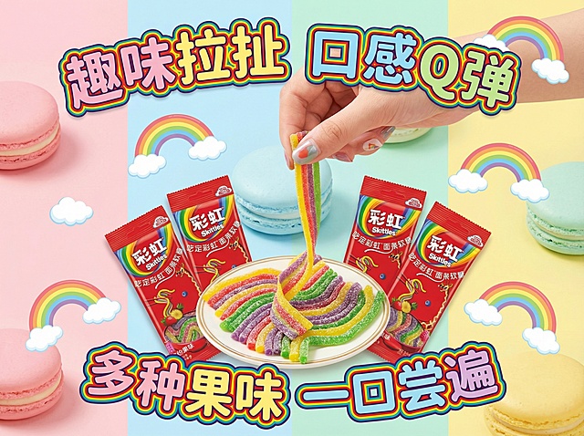 做趣味互动主图，画面中一只手拿起一条箭牌彩虹面条软糖，背景用活泼的马卡龙色渐变，添加可爱的彩虹、云朵小元素，搭配卖点文字“趣味拉扯 口感Q弹”“多种果味 一口尝遍”，画面活泼有食欲
