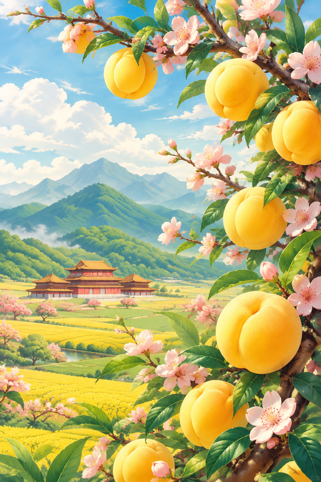 参考图中的国潮插画风格，重新生成黄桃水果包装插画主视觉画面。画… - 图片创意预览