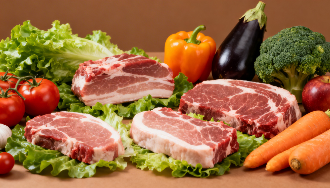 暖棕背景，新鲜猪肉、牛肉等鲜肉搭配生菜、番茄、彩椒、茄子、胡萝卜、西兰花等新鲜蔬菜水果，食材摆放疏松不密集，自然写实生鲜陈列风格，无文字无LOGO预览效果