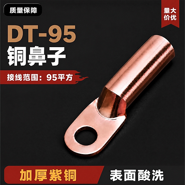 [商品] 使用【图1】的全部内容，保持排版布局、产品、背景、所有其他文字完全不变。紫铜鼻子斜放，保持紫铜金属光泽，产品表面无刻字（保持不变）。
[画面] 淘宝主图，800×800px正方形。深灰黑#212121干净背景，保持不变。左上角：黑底白字"质量保障"圆角条标签（保持不变）。右上角：红底白字"量大价优"竖排标签（保持不变）。左侧大标题："DT-95"金色#D4A574粗体大字（由"DT-70"改为"DT-95"，金色粗体、字号样式位置完全不变），下方"铜鼻子"白色#FFFFFF粗体大字（保持不变）。标题下方红底#D32F2F白字"接线范围：95平方"横条，带右侧火焰尾巴装饰（由"70平方"改为"95平方"，红底白字、字号样式位置完全不变）。右侧大紫铜鼻子斜放（保持不变）。底部通栏：左侧红底黄字"加厚紫铜"、右侧黑底白字"表面酸洗"（保持不变）。四周留20px安全边距。
[视觉] 套系策略：风格=深灰黑高级金属质感商业摄影；所有视觉元素完全保持不变，仅修改两处文字内容。
[文字] 左上角黑底白字："质量保障"（不变）。右上角红底白字竖排："量大价优"（不变）。左侧大标题："DT-95"金色#D4A574粗体、"铜鼻子"白色粗体。标题下方红底白字："接线范围：95平方"。底部通栏：左红底黄字"加厚紫铜"、右黑底白字"表面酸洗"（不变）。所有中文数字清晰锐利无乱码，全部横向排版。仅两处文字修改：DT-70→DT-95，70平方→95平方，其他文字完全不变。
[规格] 图片尺寸800×800px正方形，JPG格式，sRGB，质量90，4K渲染精度。负向提示：避免布局改变、产品变色、其他文字变动、文字模糊、文字乱码、出现"DT-70"或"70平方"字样。