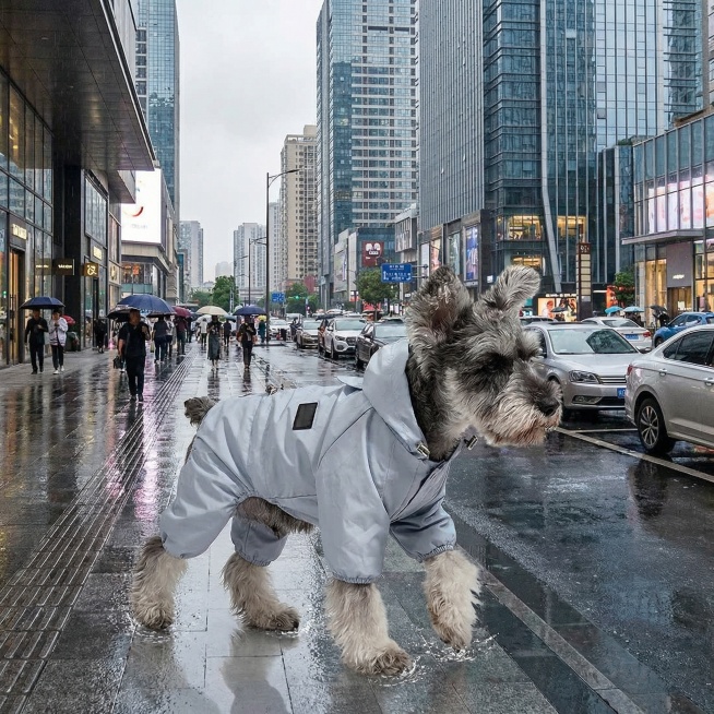 以图中的带帽狗狗衣服为元素,狗狗穿着衣服,防晒防水全身雨衣外套,设计4张跟带帽狗狗衣服有关的图,物体主体特征不变，比例 「1:1」预览效果