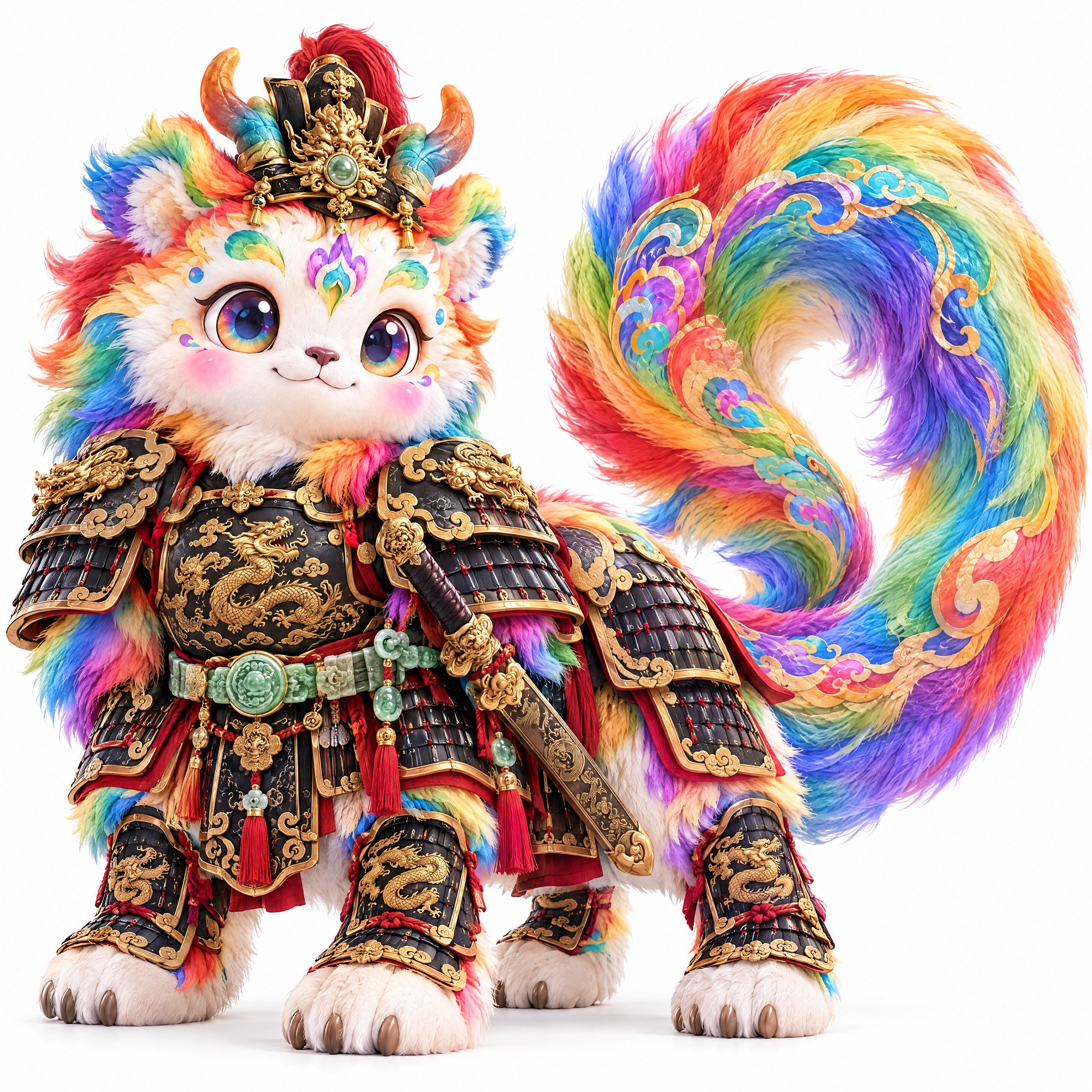 保持这只彩虹色花纹麒麟神兽的形象、毛绒质感和可爱风格完全不变，… - 图片创意预览