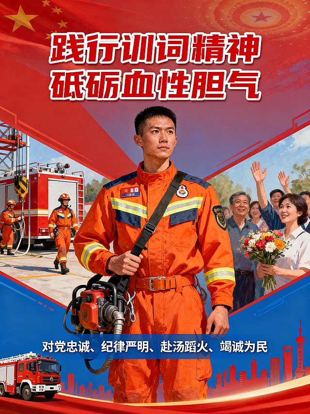 插画风厚涂技法呈现，融合油画质感与印刷风视觉冲击，大字风标语强化政务感与热血励志氛围，展现消防员勇毅形象与为民精神。