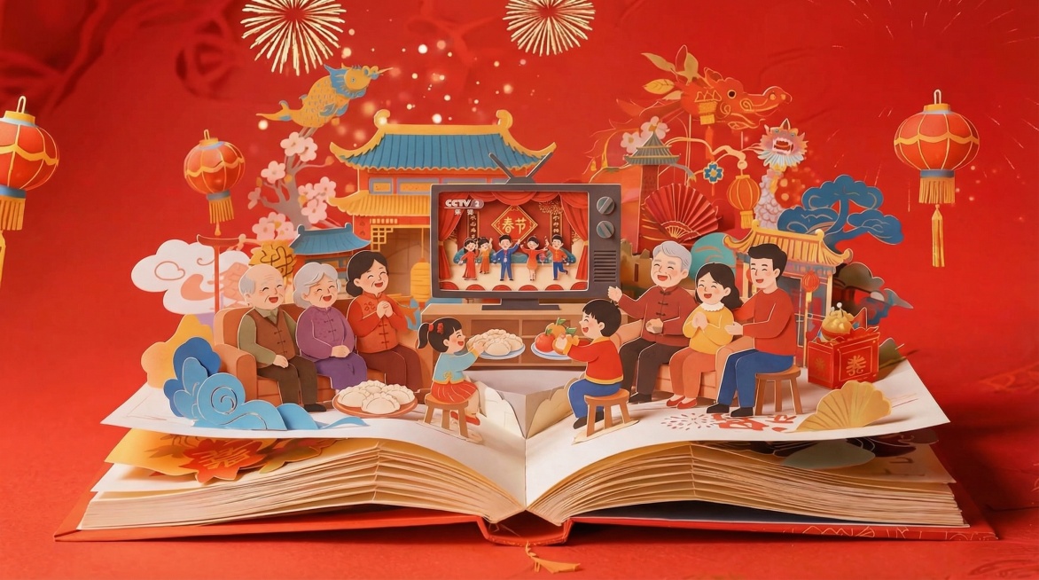 将参考图的醒狮主题，分别替换为家人看春晚 小孩玩手机 中年人跳舞 老人锻炼 不同的中国传统民俗场景。要求严格遵循参考图的视觉风格，包括构图、色彩、光影和整体设计感。无文字，纯色背景。预览效果