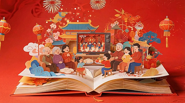 插画风与撕纸风结合，微缩艺术呈现全家围坐看春晚的温馨场景，喜庆红调搭配卡通人物，传递浓厚节日趣味与团圆氛围。
