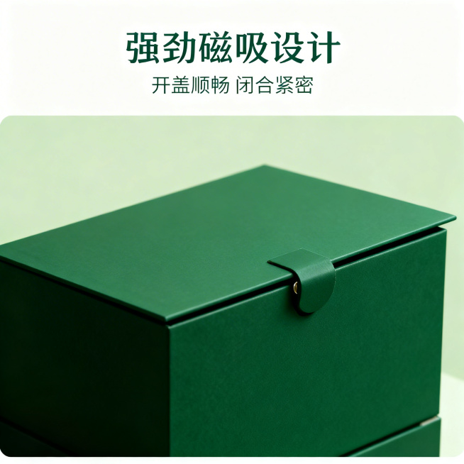 [主图 3]磁吸盒盖细节特写图
[氛围/风格]简约品质风，自然柔和光线
[画面元素]特写展示礼盒磁吸开盖结构，聚焦盒盖磁吸连接处，展现磁吸设计细节，背景浅抹茶绿色干净简洁，光线突出加厚纸板材质质感，保预览效果
