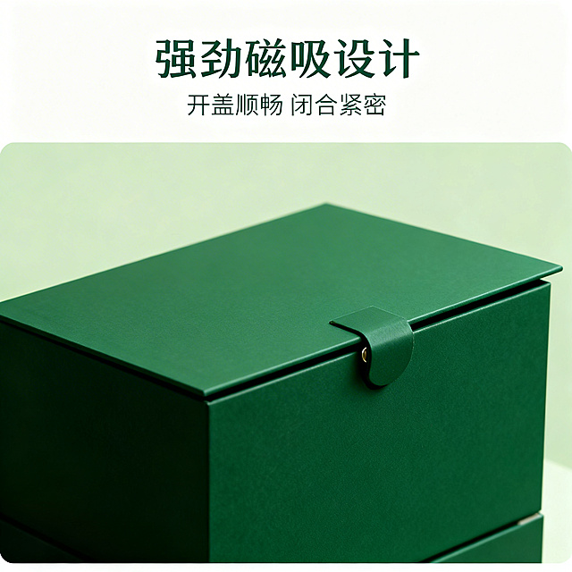 [主图 3]磁吸盒盖细节特写图
[氛围/风格]简约品质风，自然柔和光线
[画面元素]特写展示礼盒磁吸开盖结构，聚焦盒盖磁吸连接处，展现磁吸设计细节，背景浅抹茶绿色干净简洁，光线突出加厚纸板材质质感，保留原有礼盒深绿色，保持产品外观一致
[配色色系]主色调：深绿礼盒，浅绿背景；辅助色：金色文字点缀
[视角构图]特写平视，细节居中，满铺无边框
[文字版式]顶部主标题 "强劲磁吸设计"，副标题 "开盖顺畅 闭合紧密"，文字悬浮在顶部留白处，不遮挡细节，深绿色字体清晰醒目
[比例分辨率]1:1比例，2k分辨率