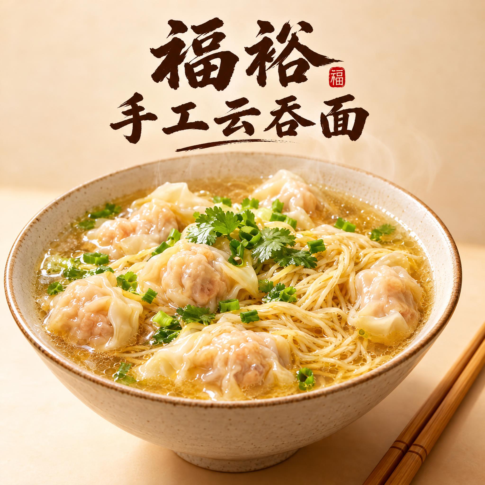 福裕手工云吞面店铺头像，一碗热气腾腾的手工云吞面特写，饱满的云… - 图片创意预览