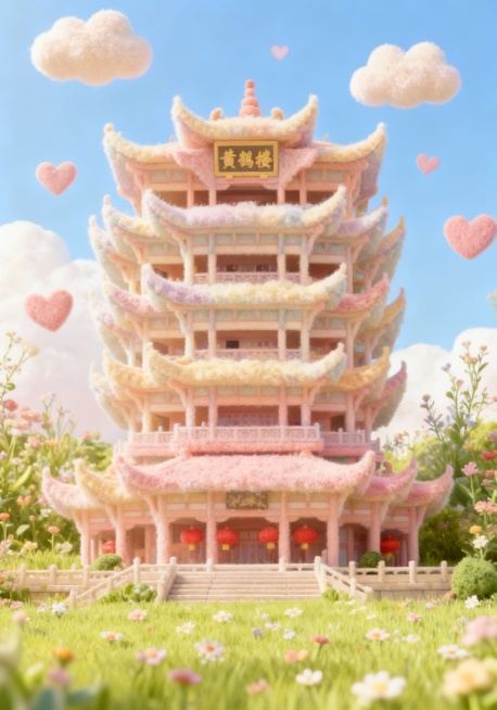 超可爱的毛绒质感黄鹤楼建筑，整体是清新马卡龙色系，周围是开满小花的治愈草坪，蓝天白云飘着爱心形状云朵，营造温暖陪伴感 ，风格梦幻治愈，细节丰富，建筑的毛绒纹理要蓬松柔软，色彩过渡自然，背景有清新花草点预览效果